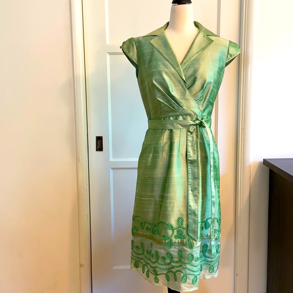 Green raw silk Kay Unger dress